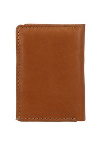 Brązowy skórzany portfel o gładkiej fakturze, prostokątnym kształcie i widocznym szwie na brzegach. Bez dodatkowych akcesoriów ani wzorów.