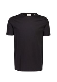 Czarny t-shirt z krótkim rękawem wykonany z miękkiej bawełny, z okrągłym dekoltem, o prostym kroju, bez widocznych wzorów i dodatków, gładka faktura.