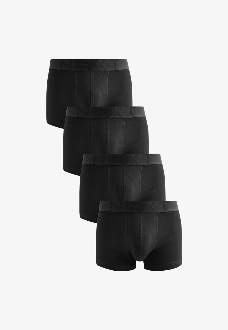 Crne pamučne bokserice s fleksibilnim pojasom na kojem se nalazi logo "NEXT". Prikazane su četiri para, ističući glatku teksturu i prilagođeni dizajn.