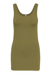 Olivgrünes Tanktop aus glattem Stoff, mit einem runden Ausschnitt, breiten Trägern und einer taillierten Silhouette ohne Verzierungen.