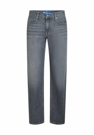 Jean en denim gris à coupe droite avec poches avant, passants pour ceinture et fermeture par bouton, présenté sur fond blanc.