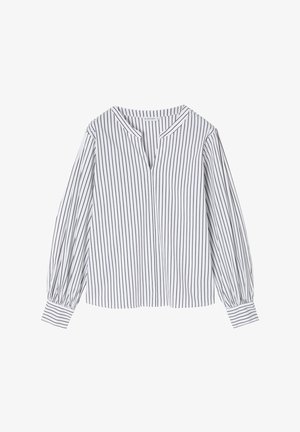 Weiße Bluse mit vertikalen schwarzen Streifen, langen Puffärmeln und einem V-Ausschnitt. Das Material hat eine glatte Textur und eine lässige Passform.