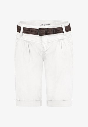 White shorts made of cotton with a braided brown belt. Features stitched seams and rolled-up cuffs, designed for casual wear.