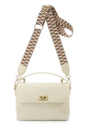 Cream woven handbag with gold clasp and wide adjustable brown-and-white patterned shoulder strap.