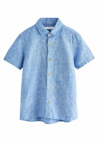 Camicia a maniche corte blu realizzata in un tessuto misto lino che presenta una chiusura con bottoni, una texture morbida e un orlo arrotondato. Accentuata da bottoni marroni.