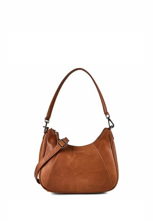 Borsa a tracolla in pelle marrone con tracolla regolabile, bordo superiore curvo e accessori in metallo color argento su sfondo bianco.