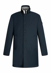 Cappotto impermeabile blu navy con colletto alto, bottoni frontali, due tasche laterali e una texture liscia. Design leggero e pulito.