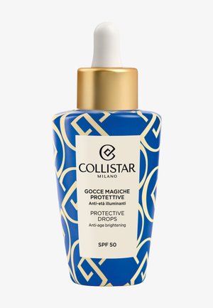 Flacon bleu et or Collistar Milano de gouttes protectrices anti-âge éclatantes avec SPF 50 et bouchon compte-gouttes blanc.