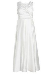Vit satin klänning med V-hals, ärmlös design och plisserad kjol. Har en figurnära midja och slät textur, idealisk för formella tillfällen.