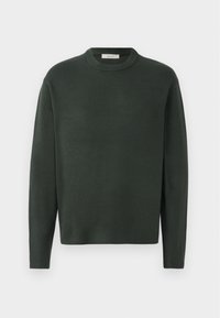 Pulover tricotat de un verde închis, cu guler rotund, mâneci lungi și o textură moale, având un design simplu, fără cusături.