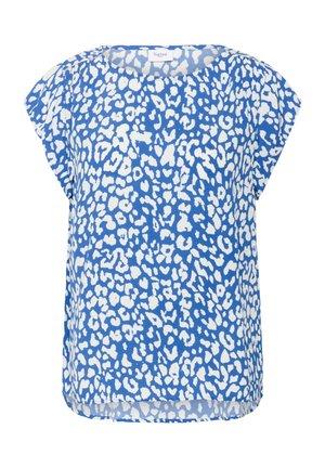 Modra majica ohlapnega kroja z belim leopardjim vzorcem, okroglim izrezom, kratkimi rokavi in ravnim robom s stranskimi razporki za dodatno gibljivost.