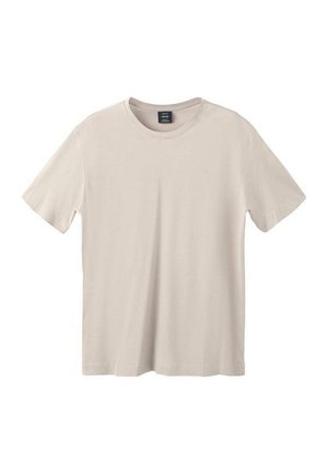 Ljusbeige T-shirt med korta ärmar, gjord av mjuk bomull. Har rund halsringning och rak nederkant utan synliga mönster eller accenter.