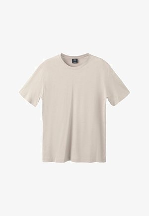 Lichtbeige T-shirt met korte mouwen van zacht katoen. Voorzien van een ronde hals en een rechte zoom zonder zichtbare patronen of accenten.