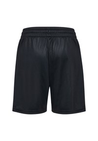 Svarta idrottsshorts gjorda av ett slätt, lättviktigt tyg. Har en elastisk midja och en enkel, odekorerad design.