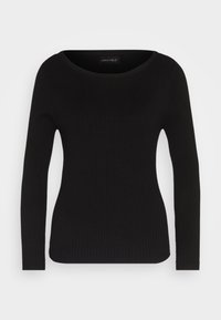 Haut noir côtelé à manches longues avec un large col bateau, coupe ajustée et texture lisse, présentant un style minimaliste sans accents visibles.