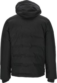 Zwarte pufferjack met een capuchon, voorzien van een gewatteerde textuur en elastische manchetten. Zacht materiaal, casual ontwerp, geschikt voor koud weer.