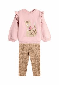 Rózsaszín, hosszú ujjú felső fodros ujjal és ülő leopárd applikációval, bézs leopárdmintás leggings-pel gyermekek számára.
