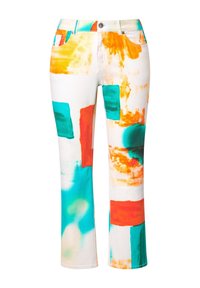 Pantalones de mezclilla coloridos con un patrón abstracto en naranja, teal y blanco. Diseño clásico de cinco bolsillos con cierre de botón y cremallera.