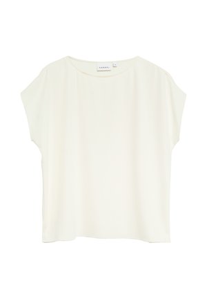 Cremefarbene, kurzärmelige Bluse mit lockerem Schnitt, rundem Ausschnitt und einem COMMA Markenlabel am inneren Kragen.