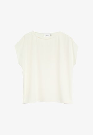 Cremefarbene, kurzärmelige Bluse mit lockerem Schnitt, rundem Ausschnitt und einem COMMA Markenlabel am inneren Kragen.