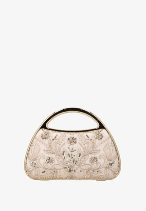 Kleine beige Abendtasche mit goldenem Griff und floraler Paillettenstickerei auf Stoffoberfläche.