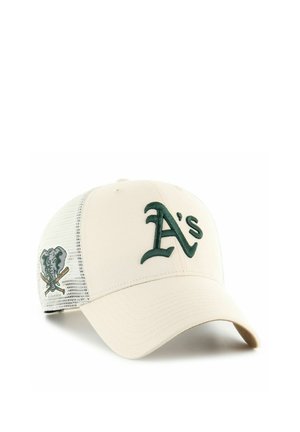 Beige Baseballcap mit grünem "A's"-Logo auf der Vorderseite und Elefanten-Aufnäher mit gekreuzten Baseballschlägern auf dem weißen Netzrücken.