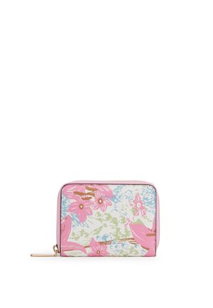 Portafoglio compatto con cerniera a giro con stampa floreale pastello in rosa, blu e verde, caratterizzato da una tirellina dorata su sfondo bianco.