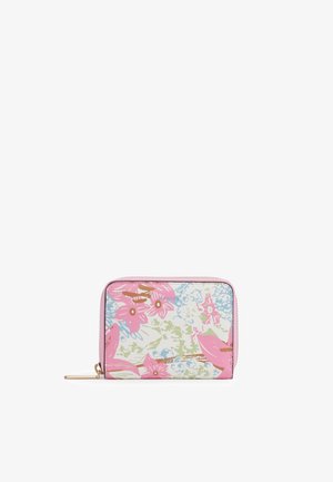 Portafoglio compatto con cerniera a giro con stampa floreale pastello in rosa, blu e verde, caratterizzato da una tirellina dorata su sfondo bianco.