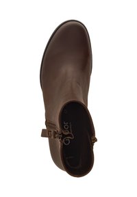 Brown leather ankle boot with a rounded toe, side zipper, and chunky heel. Smooth texture with minimal stitching and a buckle accent.