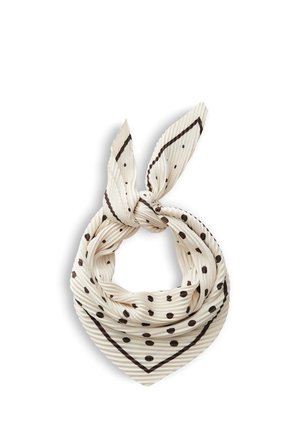 Cremefarbener plissierter Schal mit schwarzen Polka-Dots und Rand, locker zu einem Knoten gebunden mit zwei nach oben zeigenden Enden.