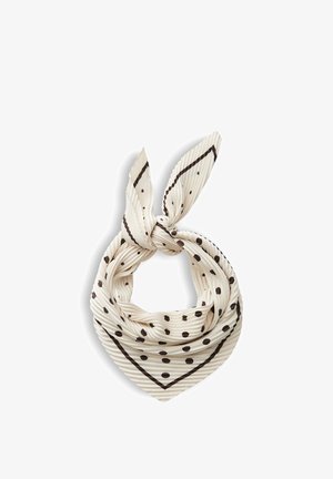 Cremefarbener plissierter Schal mit schwarzen Polka-Dots und Rand, locker zu einem Knoten gebunden mit zwei nach oben zeigenden Enden.