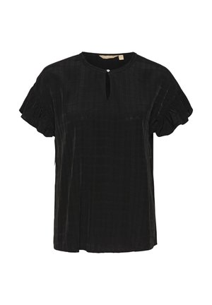 Melnas īsām piedurknēm blūze ar atslēgas formas kakla izgriezumu, teksturēta režģa rakstā un viļņotām piedurkņu malām. Gluda auduma apdare. Ikdieniškais dizains.