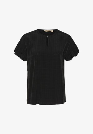 Juoda trumpo rankovėmis bluzelė su rakto skylutės iškirpte, tekstūruotu tinklelio raštu ir raukšlėmis rankovių kraštuose. Lygus audinio paviršius. Kasdienis dizainas.