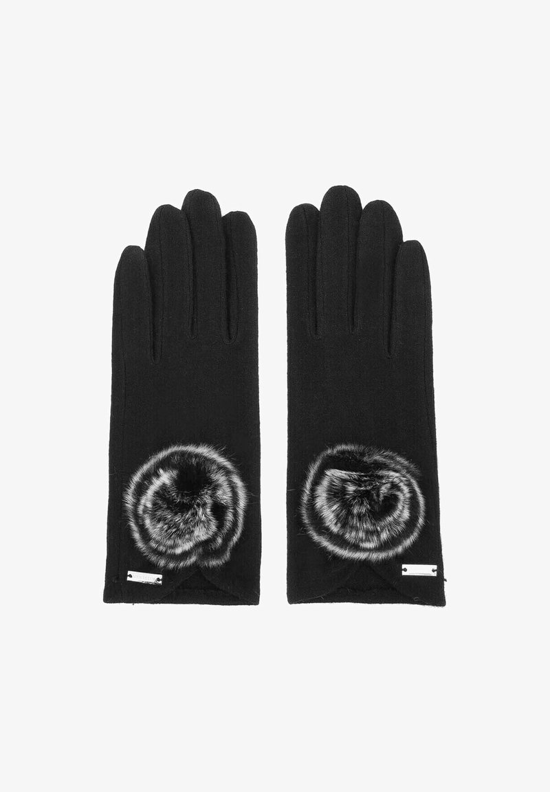 Gants noirs en tissu doux avec un accent en fausse fourrure circulaire au niveau du poignet et des détails de couture subtils.