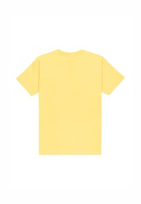 Camiseta de algodón amarilla con mangas cortas, cuello redondo y una textura suave. La parte posterior es lisa, sin gráficos o etiquetas visibles.