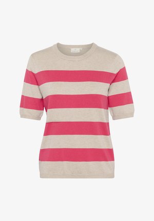 Beige short-sleeve sweater featuring wide pink stripes. Round neckline and a relaxed fit, made of soft knit material.