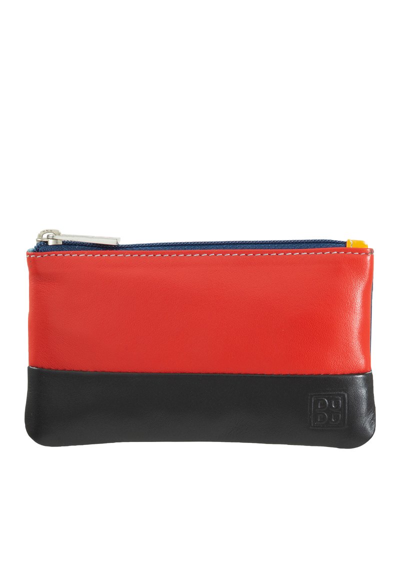 Portafoglio in pelle con zip, caratterizzato da una sezione superiore di un rosso brillante e una sezione inferiore nera, con una zip blu e dettagli di accento gialli.