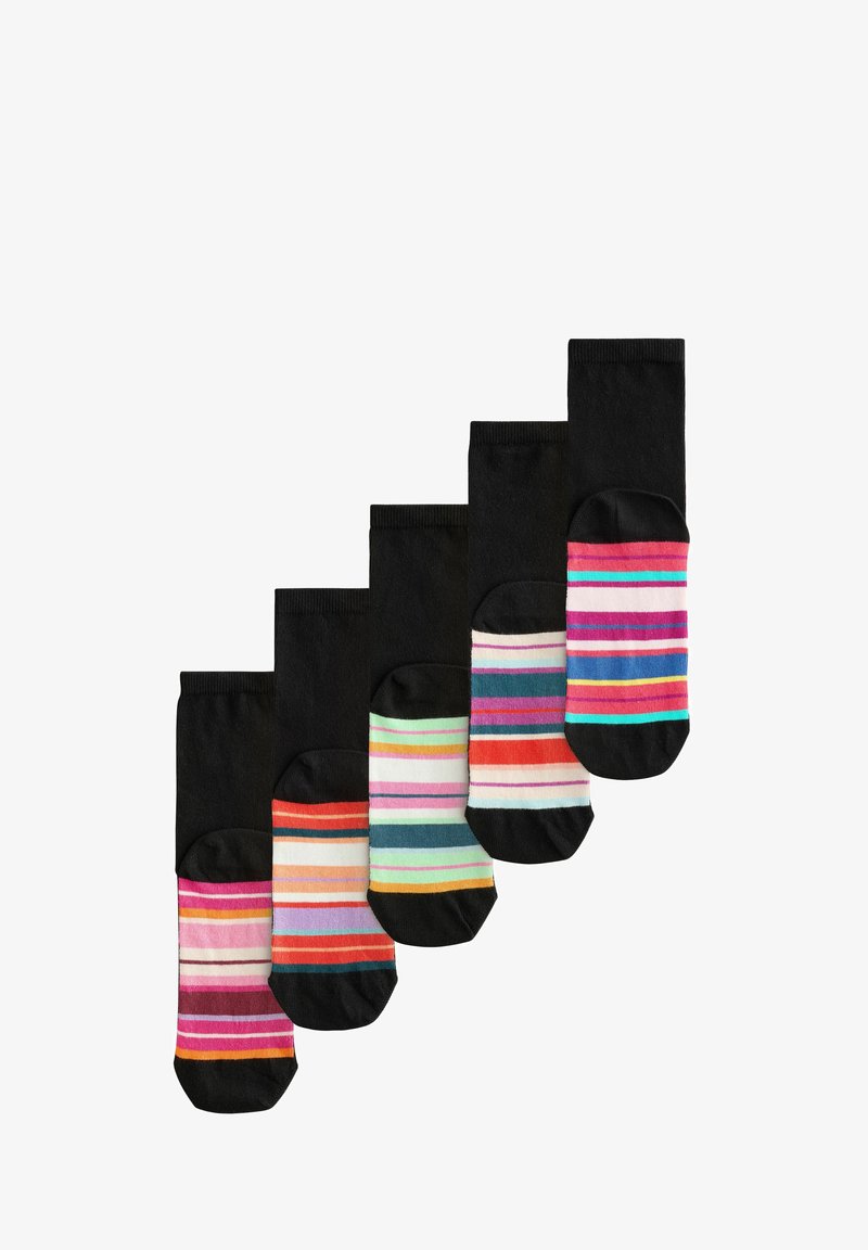 Multicolored striped socks with a black base. Features include various colors like pink, green, orange, and blue in horizontal stripes.