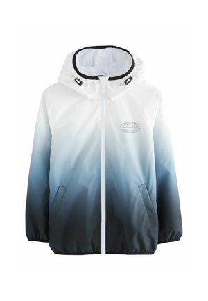 Weiß-blau verlaufende Jacke mit Kapuze, ausgestattet mit einem Frontreißverschluss und zwei seitlichen Taschen. Glatte Textur und Logo auf der Brust.