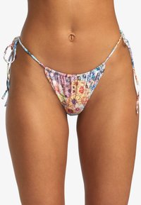 Floral-patterned bikini bottom, multicolored with shades of pink, blue, and yellow. Features adjustable side ties and ruched fabric.