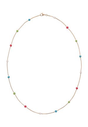 Delikatny złoty naszyjnik z łańcuszkiem z rozmieszczonymi małymi okrągłymi koralikami w kolorach czerwonym, zielonym, niebieskim i białym oraz zapięciem na karabińczyk.