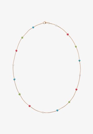 Delikatny złoty naszyjnik z łańcuszkiem z rozmieszczonymi małymi okrągłymi koralikami w kolorach czerwonym, zielonym, niebieskim i białym oraz zapięciem na karabińczyk.