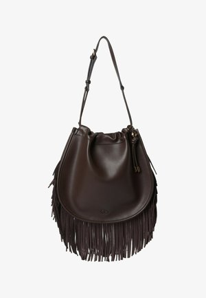 Borsa a tracolla in pelle marrone scuro con tracolla regolabile, chiusura con coulisse e lunghe frange lungo il bordo inferiore.