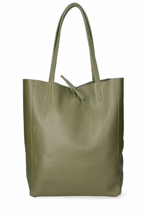 Borsa a tracolla verde oliva realizzata in pelle testurizzata, con lunghe maniglie e un design semplice e privo di decorazioni. Nessun hardware o accenti visibili.