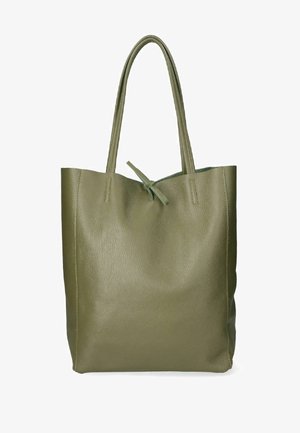 Oliven grøn tote bag lavet af tekstureret læder, med lange håndtag og et enkelt, udekoreret design. Ingen synlig hardware eller detaljer.