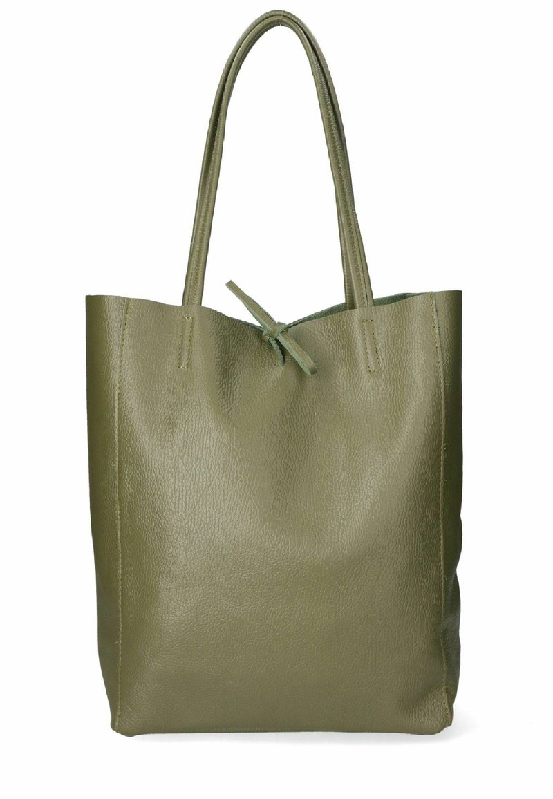 Olivgrön tote-väska i texturerat läder, med långa handtag och en enkel, oanvänd design. Ingen synlig hårdvara eller dekorationer.