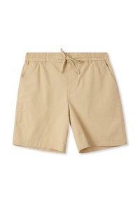 Pantaloni corti in cotone beige con vita elasticizzata e lacci regolabili. Presentano tasche laterali e un taglio fino al ginocchio. Texture liscia.