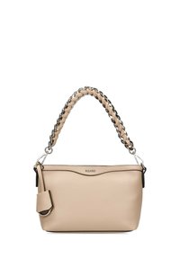 Light beige leather handbag with a braided handle, silver hardware, and a smooth, structured body. Features a zipper closure and a subtle logo.