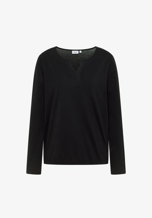 Schwarzes langärmliges Oberteil mit V-Ausschnitt, weichem Stoff und leicht abgerundetem Saum. Besitzt subtile Nähte am Kragen.