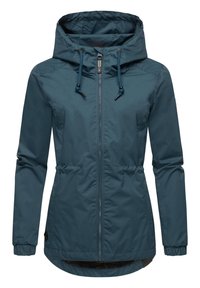 Gewatteerd jack in donkerteal met een rits aan de voorkant, verstelbare koordjes, elastische manchetten en een strakke taille voor een getailleerde uitstraling.